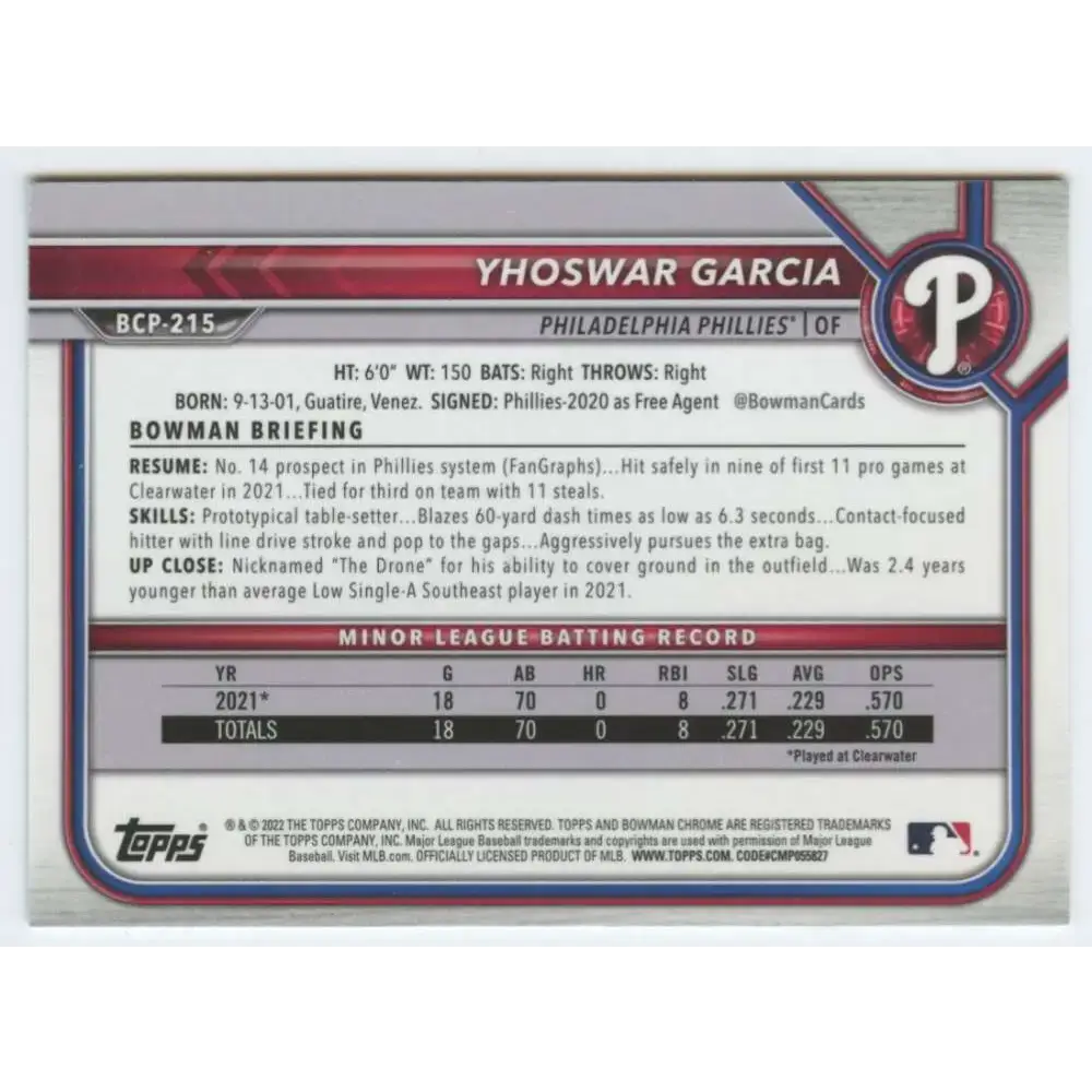 2022 Bowman Chrome Prospects #BCP-215 Yhoswar Garcia NM-MT Philadelphia Phillies Baseball Card - Baseball Card Single