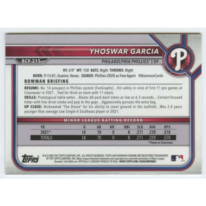 2022 Bowman Chrome Prospects #BCP-215 Yhoswar Garcia NM-MT Philadelphia Phillies Baseball Card - Baseball Card Single