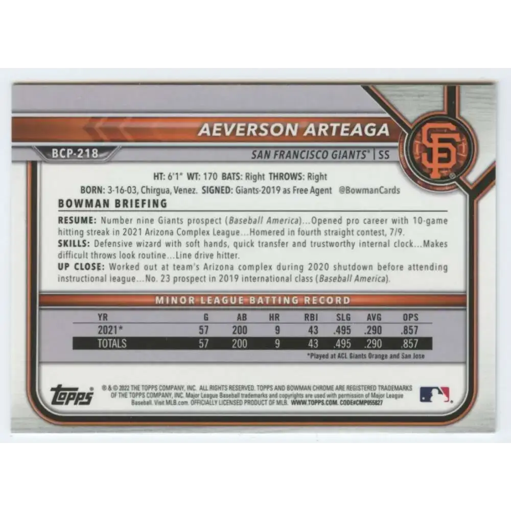 2022 Bowman Chrome Prospects #BCP-218 Aeverson Arteaga NM-MT San Francisco Giants Baseball Card - Baseball Card Single