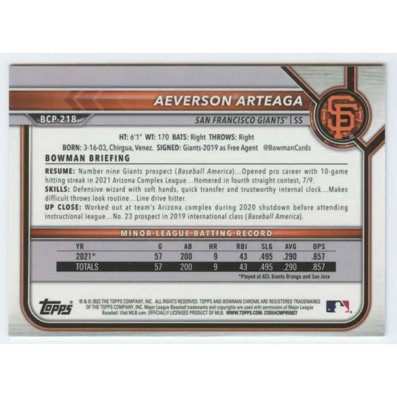 2022 Bowman Chrome Prospects #BCP-218 Aeverson Arteaga NM-MT San Francisco Giants Baseball Card - Baseball Card Single