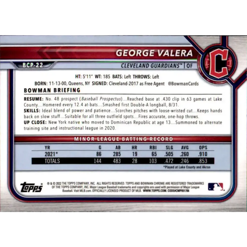 2022 Bowman Chrome Prospects #BCP-22 George Valera NM-MT Cleveland Guardians Baseball Card - Baseball Card Single