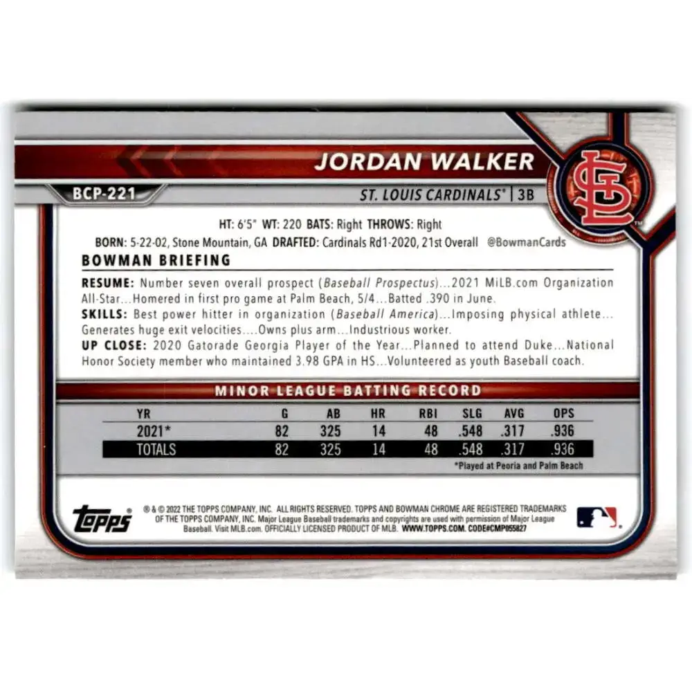 2022 Bowman Chrome Prospects #BCP-221 Jordan Walker NM-MT St. Louis Cardinals Baseball Card - Baseball Card Single