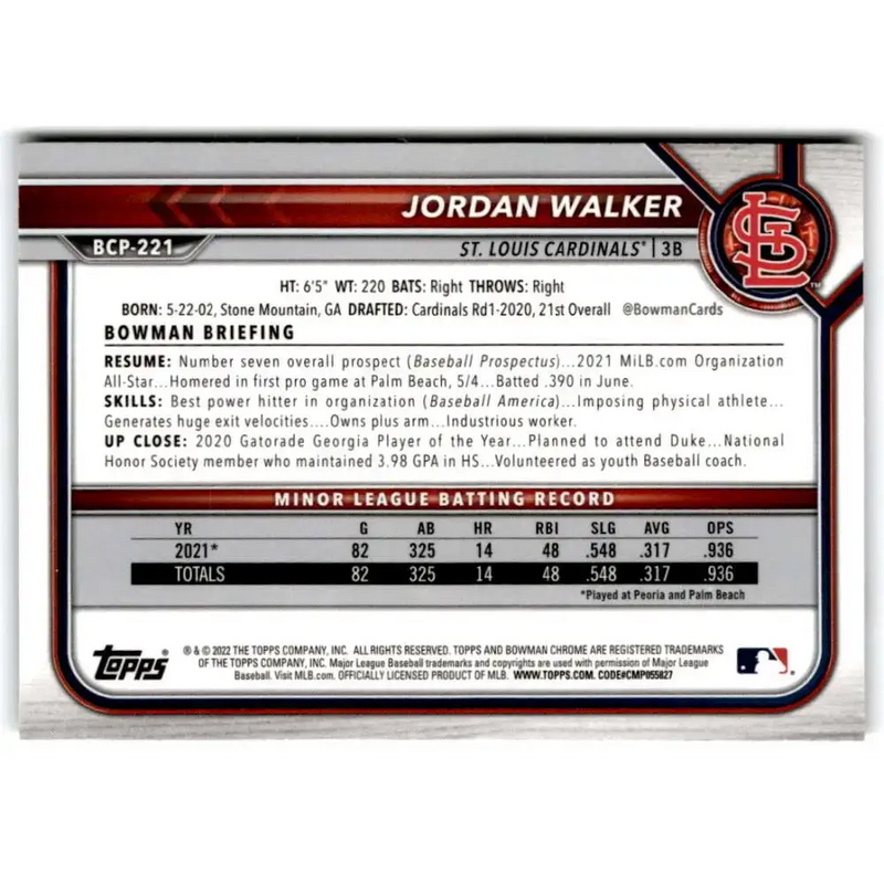 2022 Bowman Chrome Prospects #BCP-221 Jordan Walker NM-MT St. Louis Cardinals Baseball Card - Baseball Card Single