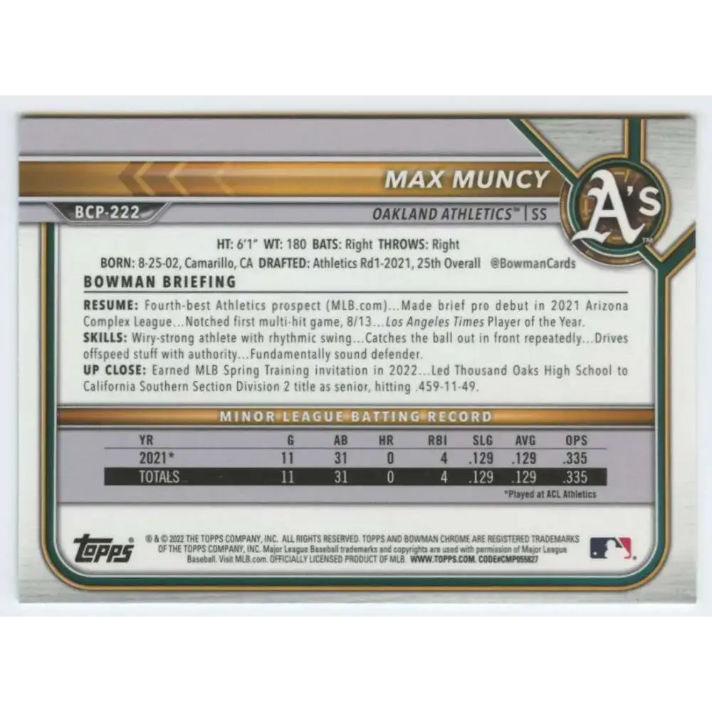 2022 Bowman Chrome Prospects #BCP-222 Max Muncy NM-MT Oakland Athletics Baseball Card - Baseball Card Single