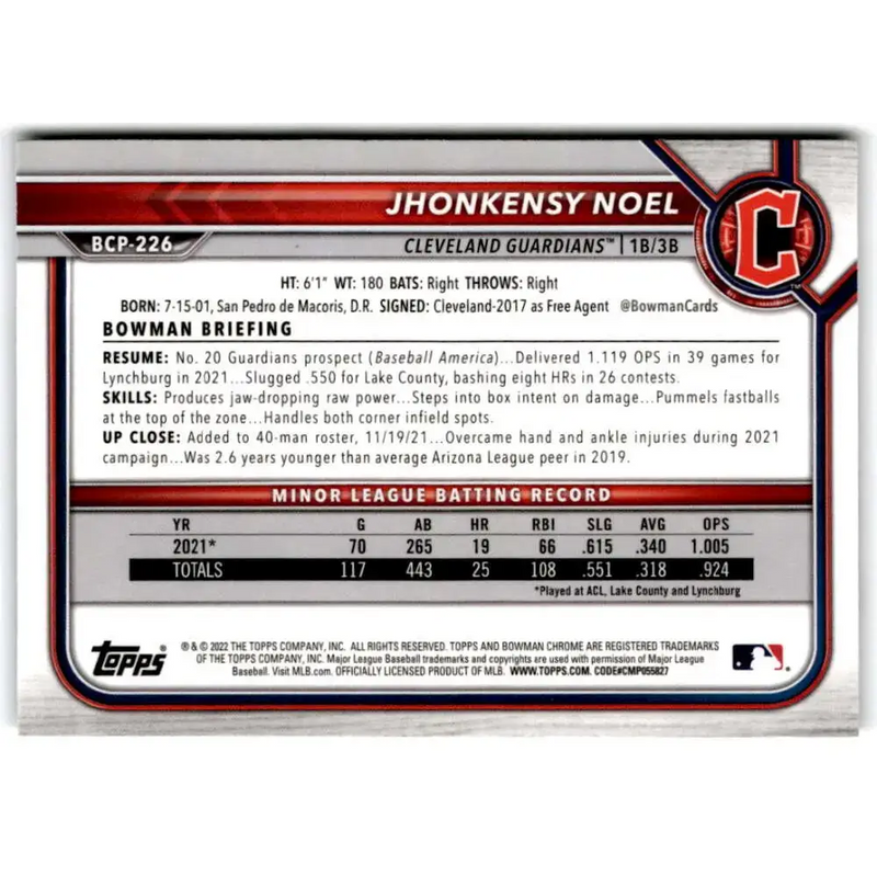 2022 Bowman Chrome Prospects #BCP-226 Jhonkensy Noel NM-MT Cleveland Guardians Baseball Card - Baseball Card Single