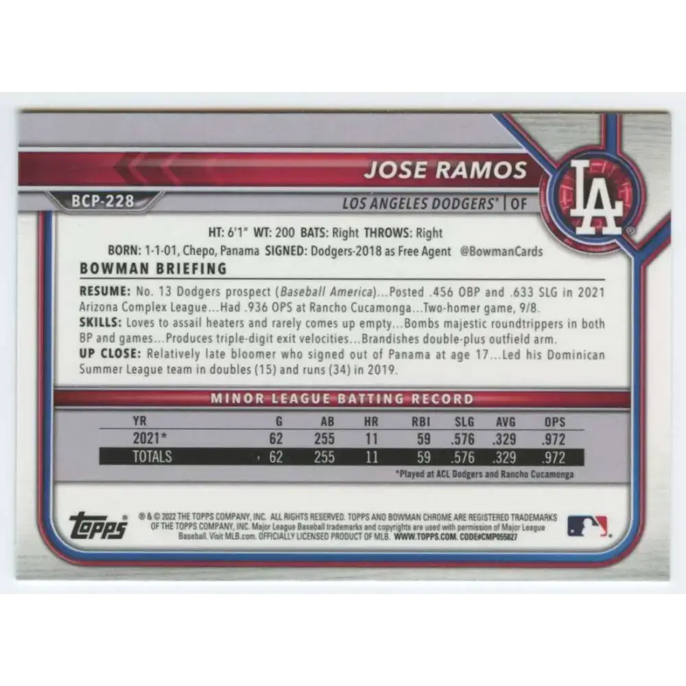2022 Bowman Chrome Prospects #BCP-228 Jose Ramos NM-MT Los Angeles Dodgers Baseball Card - Baseball Card Single