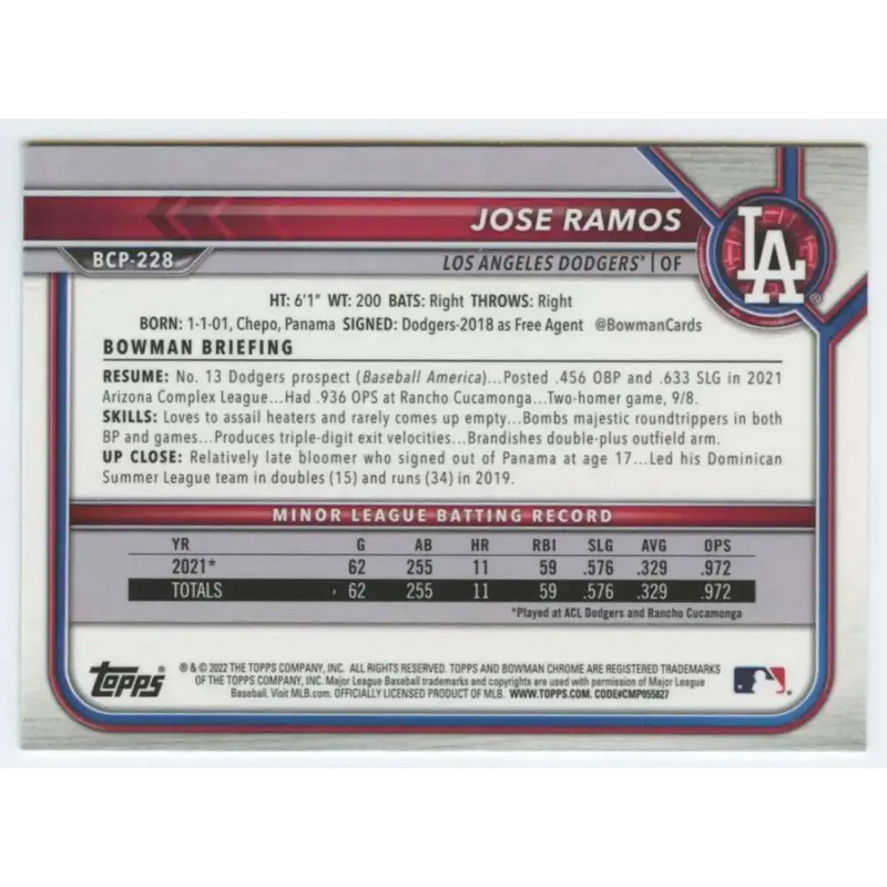 2022 Bowman Chrome Prospects #BCP-228 Jose Ramos NM-MT Los Angeles Dodgers Baseball Card - Baseball Card Single