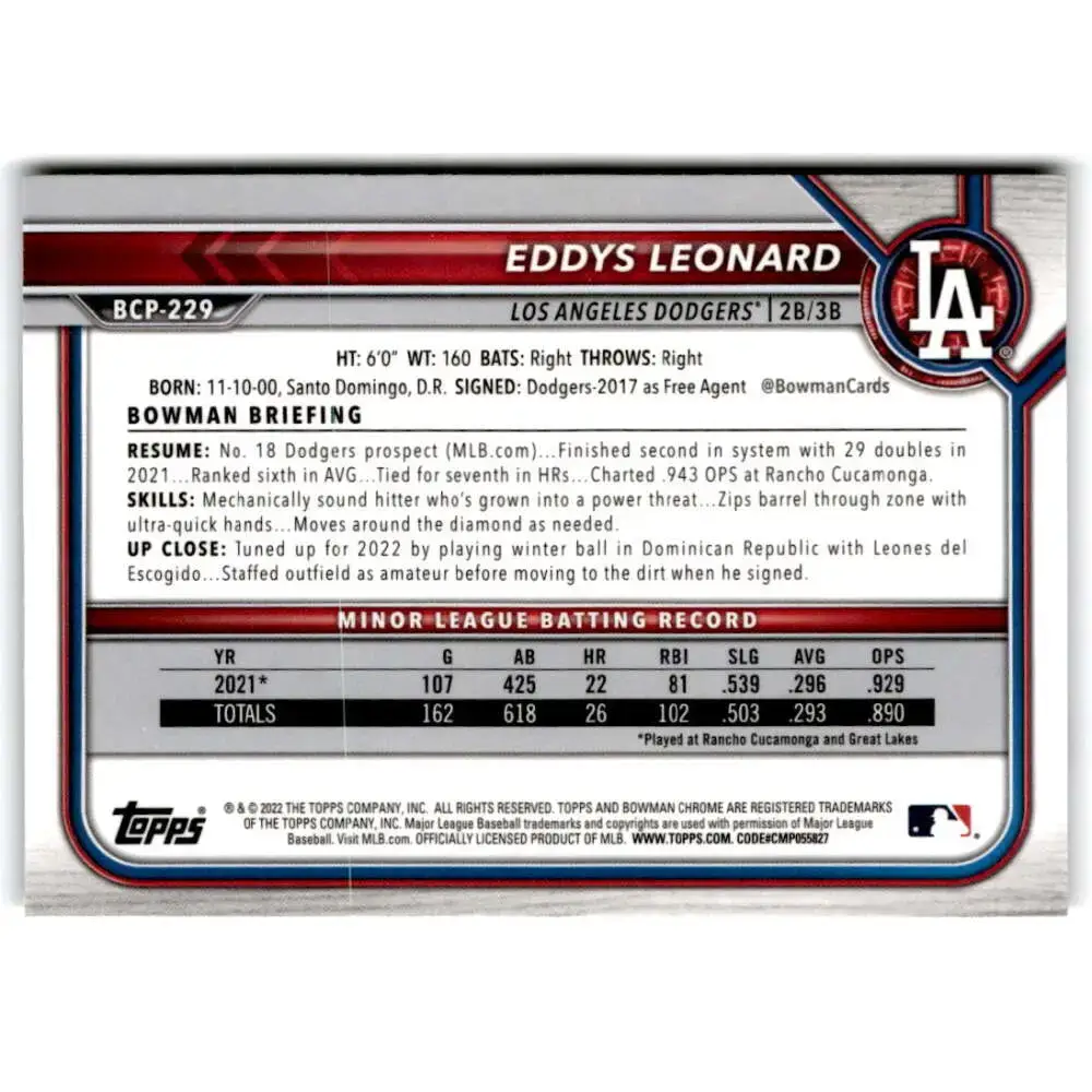 2022 Bowman Chrome Prospects #BCP-229 Eddys Leonard NM-MT Los Angeles Dodgers Baseball Card - Baseball Card Single