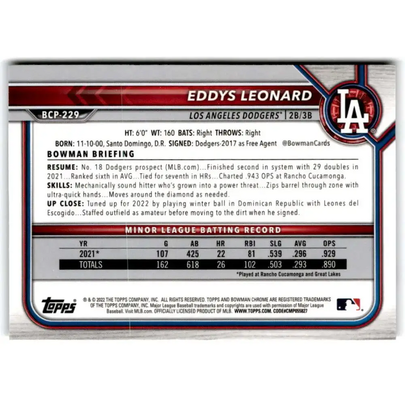 2022 Bowman Chrome Prospects #BCP-229 Eddys Leonard NM-MT Los Angeles Dodgers Baseball Card - Baseball Card Single