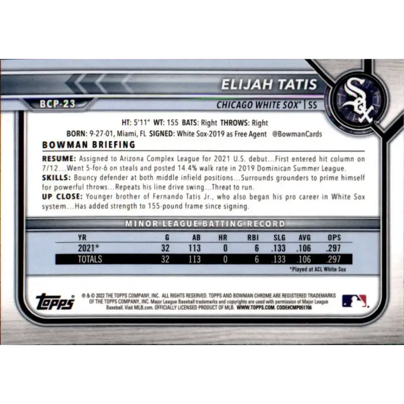 2022 Bowman Chrome Prospects #BCP-23 Elijah Tatis NM-MT Chicago White Sox Baseball Card - Baseball Card Single
