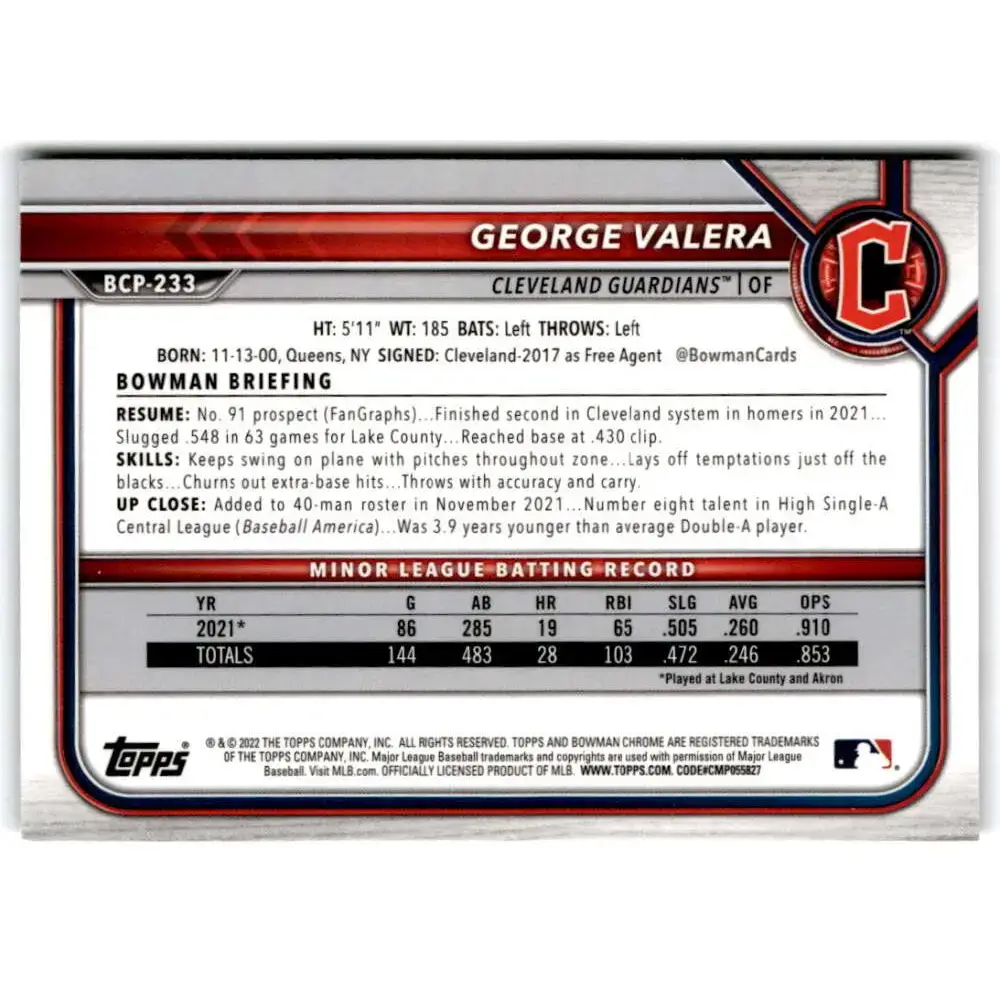 2022 Bowman Chrome Prospects #BCP-233 George Valera NM-MT Cleveland Guardians Baseball Card - Baseball Card Single