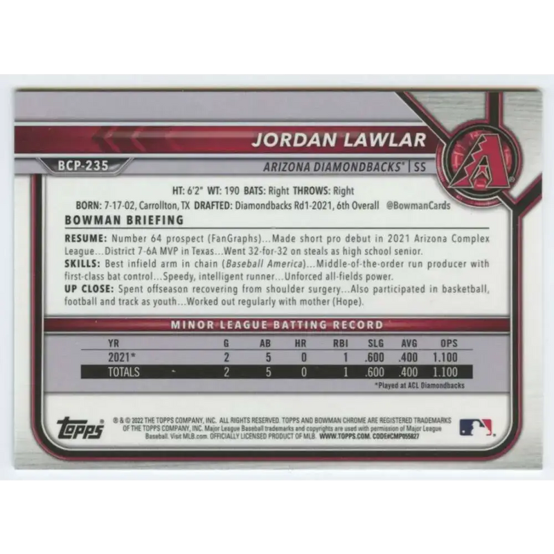 2022 Bowman Chrome Prospects #BCP-235 Jordan Lawlar NM-MT Arizona Diamondbacks Baseball Card - Baseball Card Single
