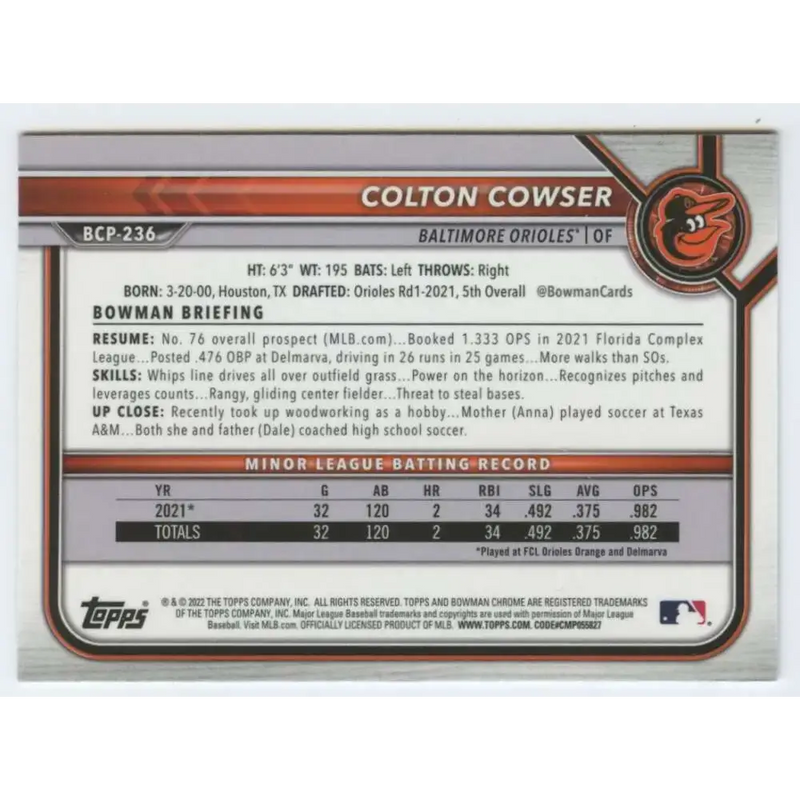 2022 Bowman Chrome Prospects #BCP-236 Colton Cowser NM-MT Baltimore Orioles Baseball Card - Baseball Card Single