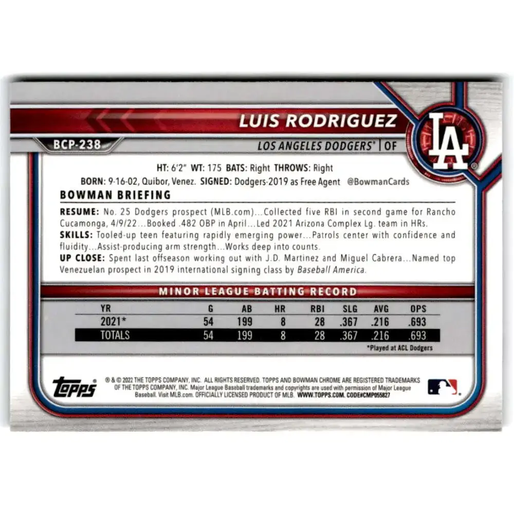 2022 Bowman Chrome Prospects #BCP-238 Luis Rodriguez NM-MT Los Angeles Dodgers Baseball Card - Baseball Card Single