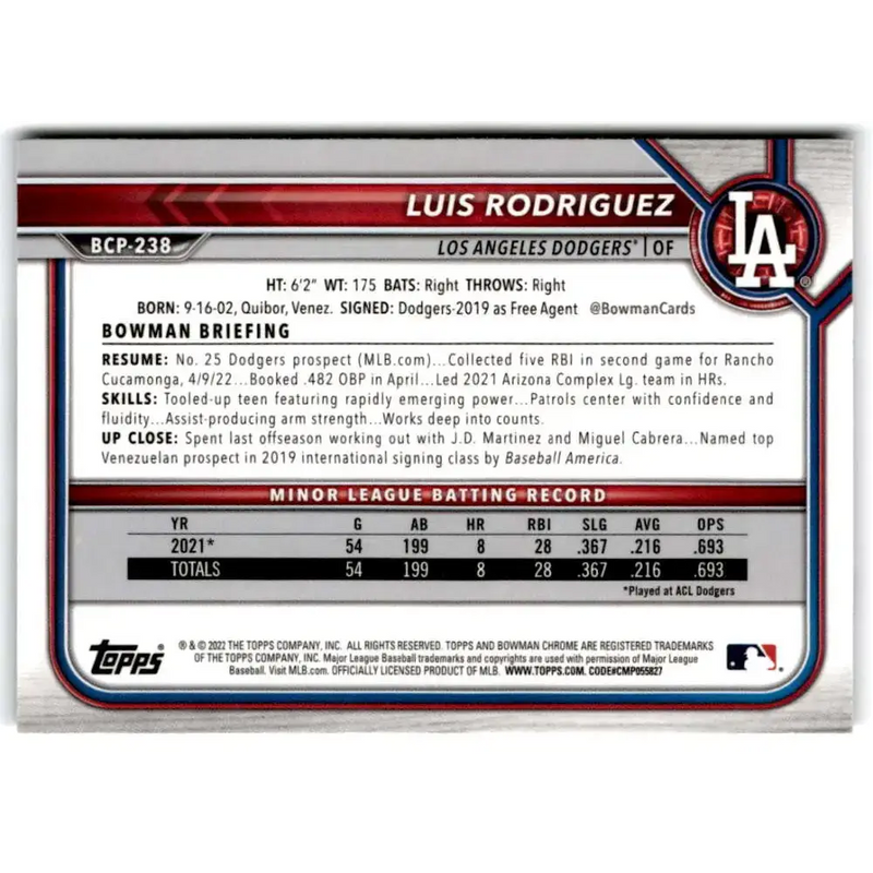 2022 Bowman Chrome Prospects #BCP-238 Luis Rodriguez NM-MT Los Angeles Dodgers Baseball Card - Baseball Card Single