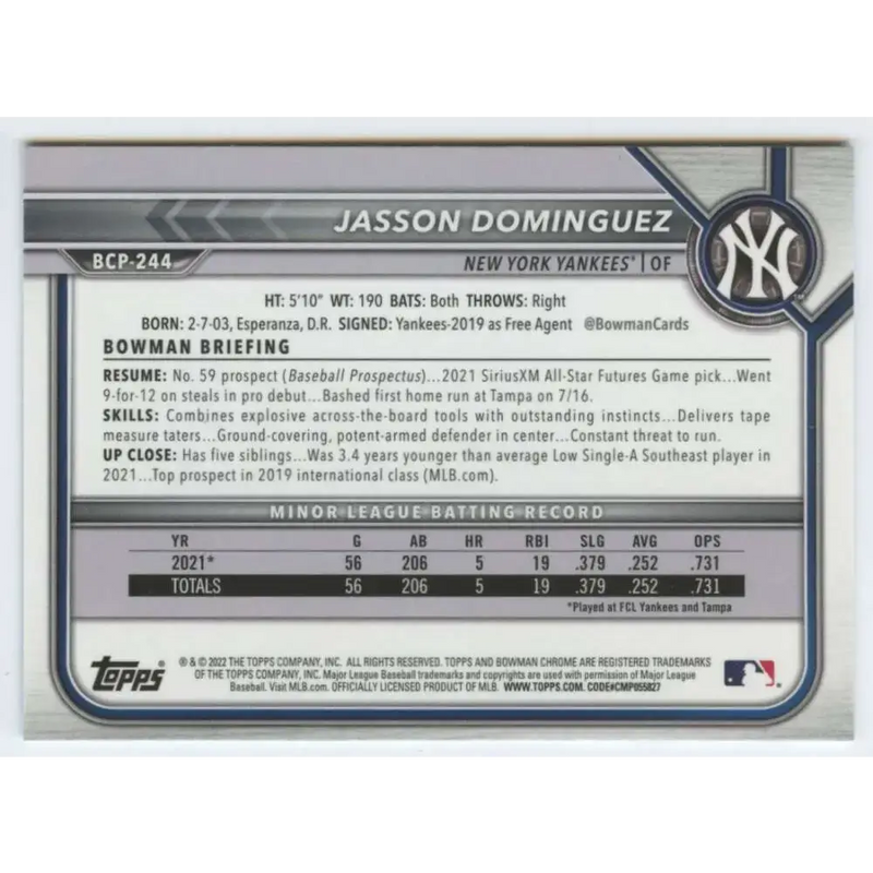 2022 Bowman Chrome Prospects #BCP-244 Jasson Dominguez NM-MT New York Yankees Baseball Card - Baseball Card Single