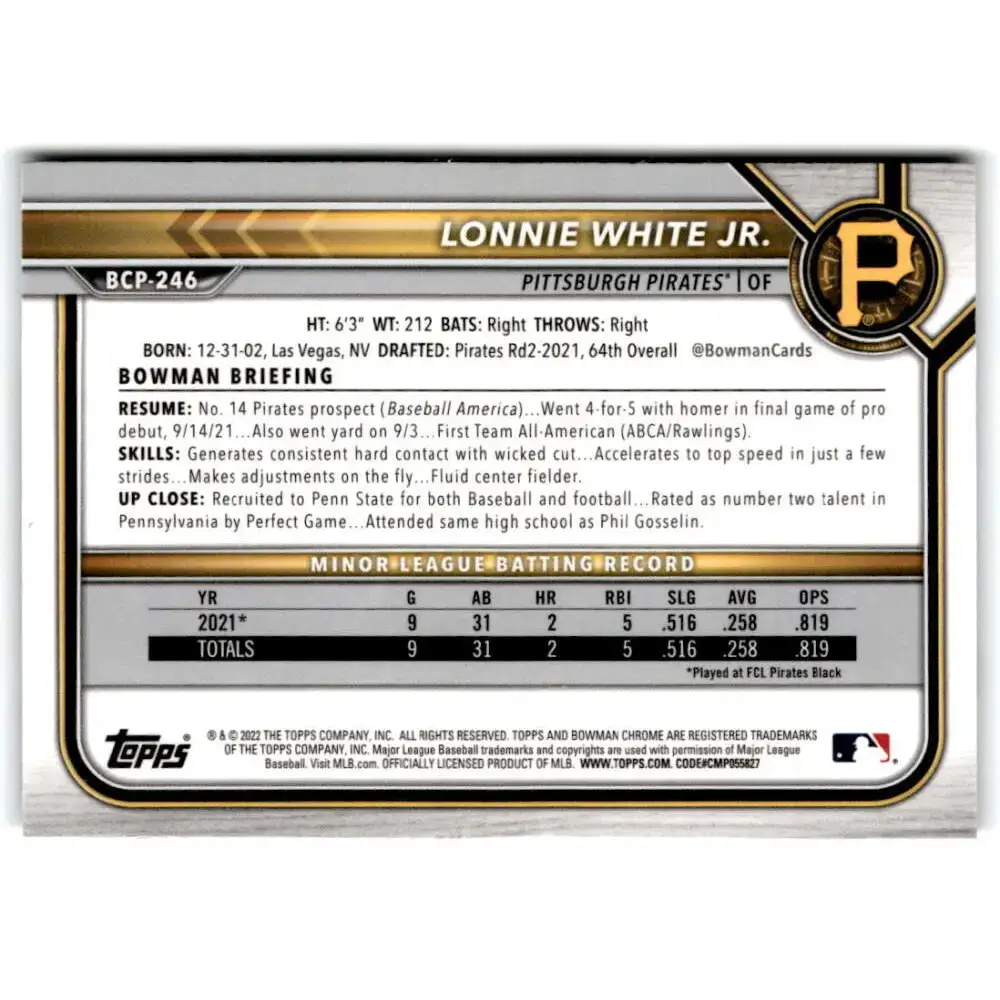 2022 Bowman Chrome Prospects #BCP-246 Lonnie White Jr. NM-MT Pittsburgh Pirates Baseball Card - Baseball Card Single