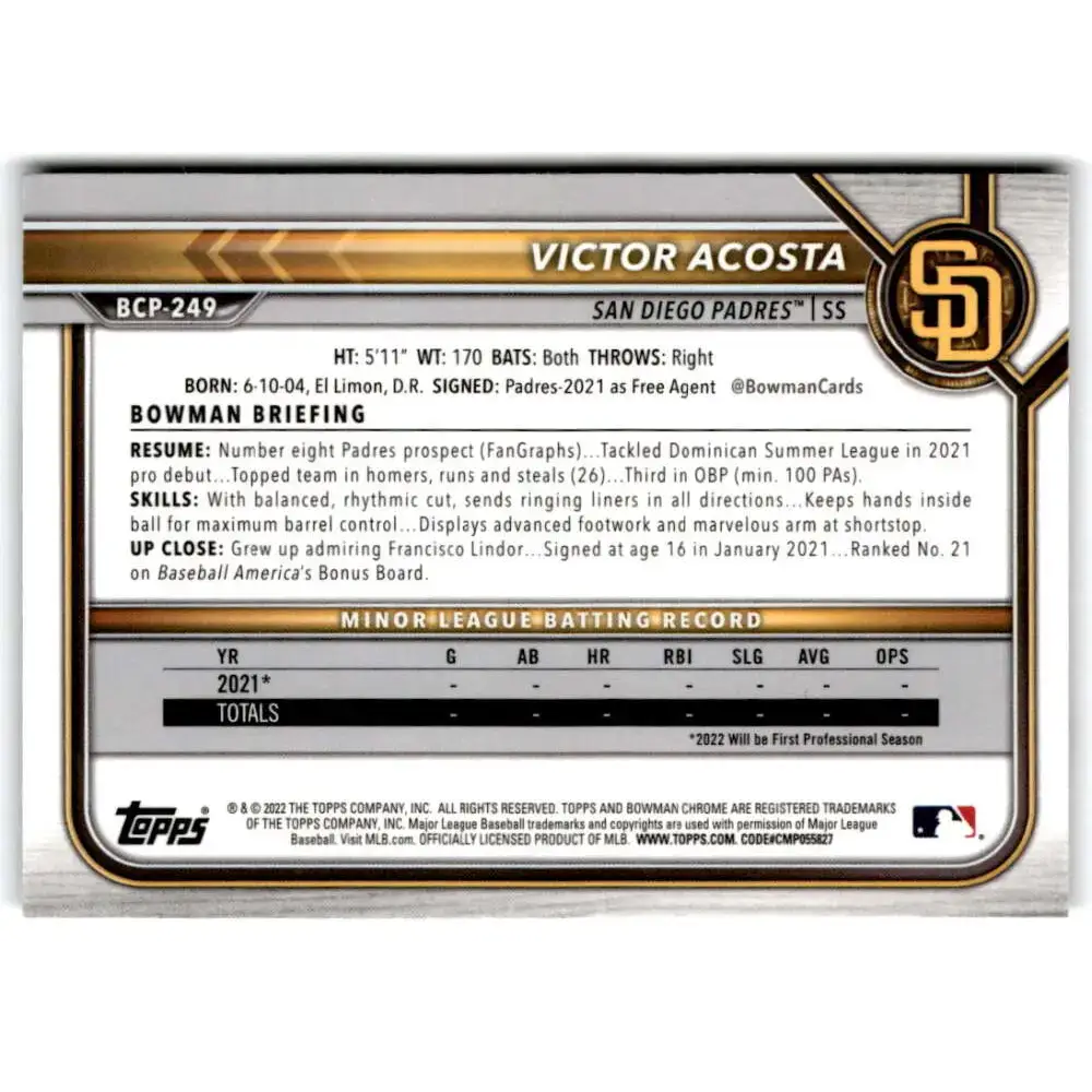 2022 Bowman Chrome Prospects #BCP-249 Victor Acosta NM-MT San Diego Padres Baseball Card - Baseball Card Single