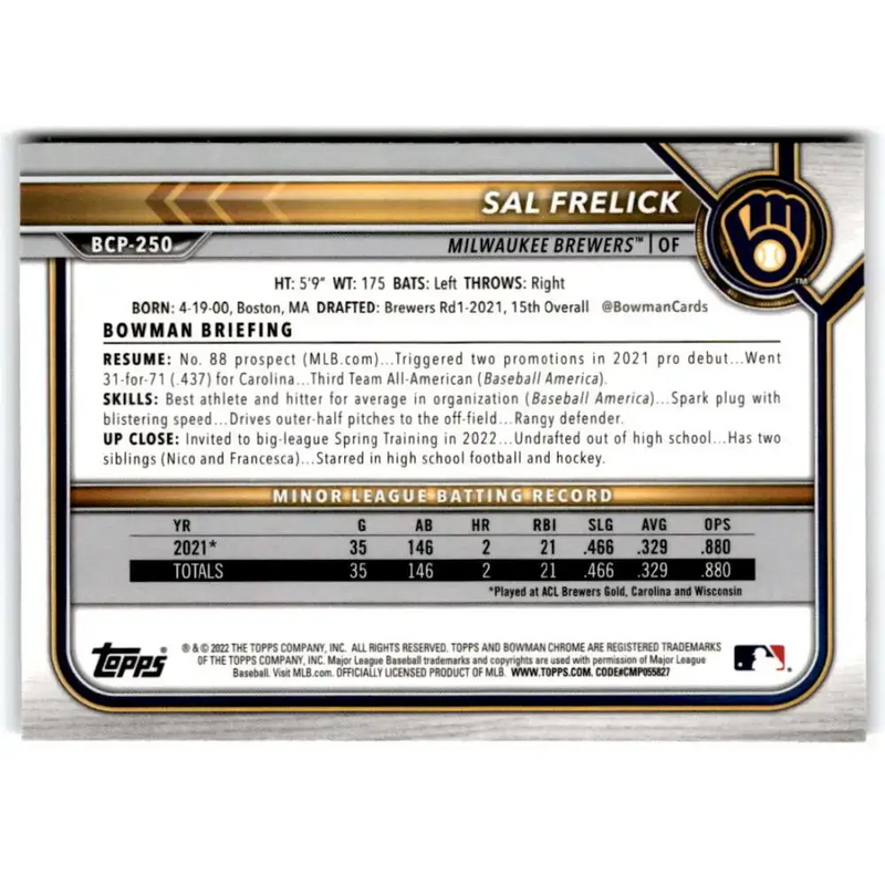 2022 Bowman Chrome Prospects #BCP-250 Sal Frelick NM-MT Milwaukee Brewers Baseball Card - Baseball Card Single