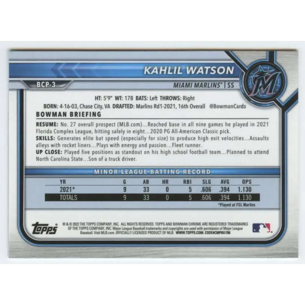 2022 Bowman Chrome Prospects #BCP-3 Kahlil Watson NM-MT Miami Marlins Baseball Card - Baseball Card Single