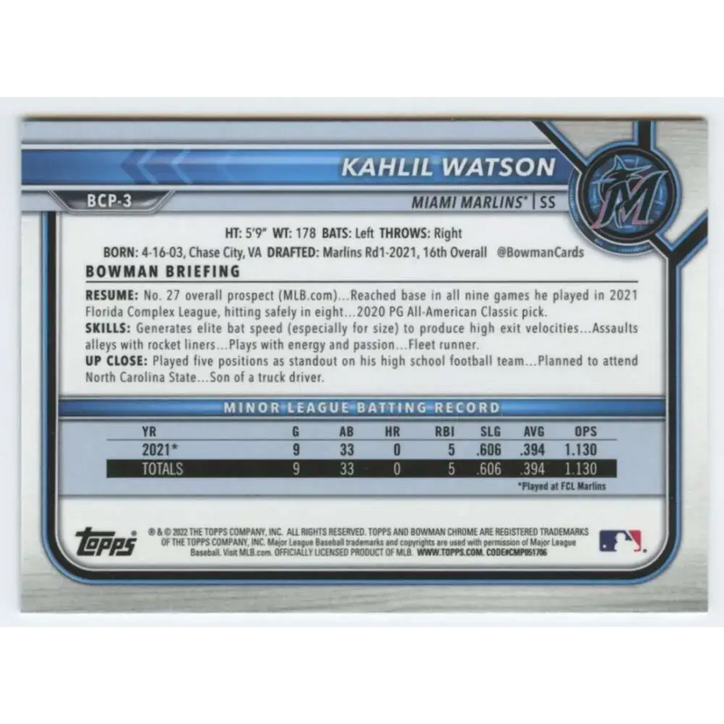 2022 Bowman Chrome Prospects #BCP-3 Kahlil Watson NM-MT Miami Marlins Baseball Card - Baseball Card Single