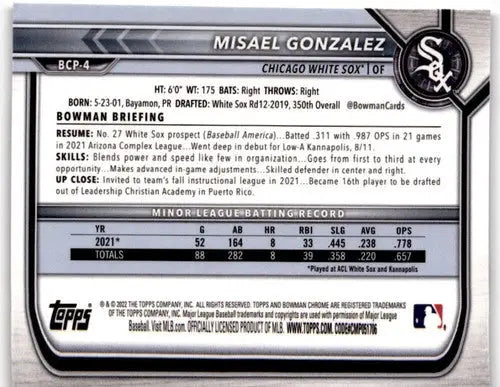Misael Gonzalez Bowman Chrome Prospects baseball card with original gloss, 2022 Bowman Chrome