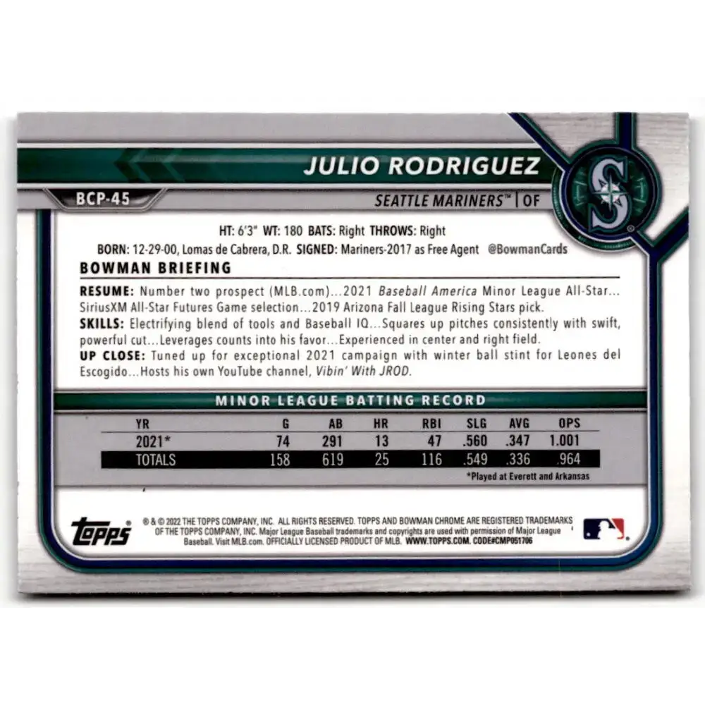 2022 Bowman Chrome Prospects #BCP-45 Julio Rodriguez NM-MT Seattle Mariners Baseball Card - Baseball Card Single