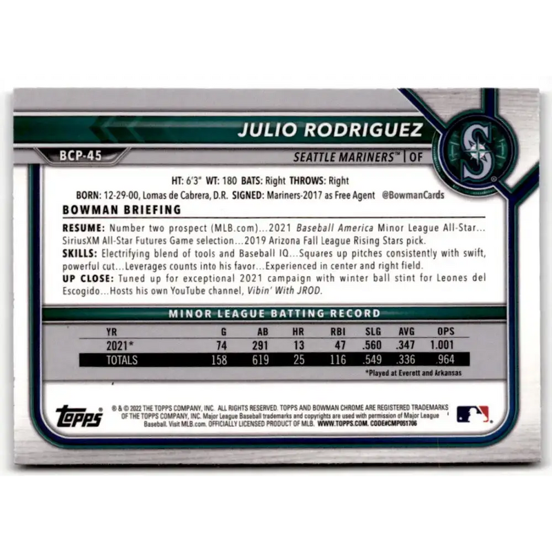 2022 Bowman Chrome Prospects #BCP-45 Julio Rodriguez NM-MT Seattle Mariners Baseball Card - Baseball Card Single