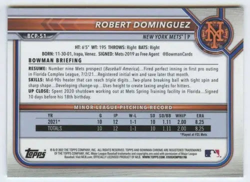 2022 Bowman Chrome Prospects Robert Dominguez baseball card Mets ID 42869 NM-MT