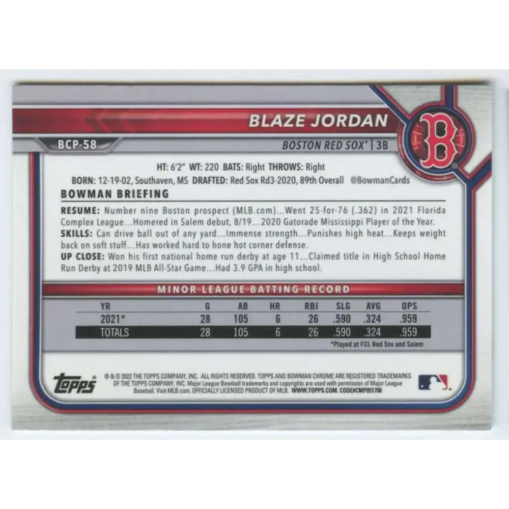 2022 Bowman Chrome Prospects #BCP-58 Blaze Jordan NM-MT Boston Red Sox Baseball Card - Baseball Card Single