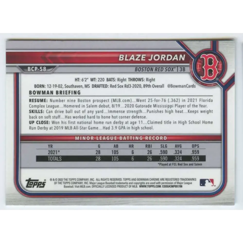 2022 Bowman Chrome Prospects #BCP-58 Blaze Jordan NM-MT Boston Red Sox Baseball Card - Baseball Card Single