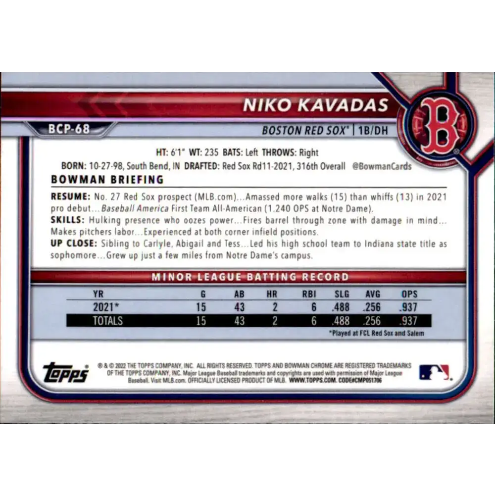 2022 Bowman Chrome Prospects #BCP-68 Niko Kavadas NM-MT Boston Red Sox Baseball Card - Baseball Card Single