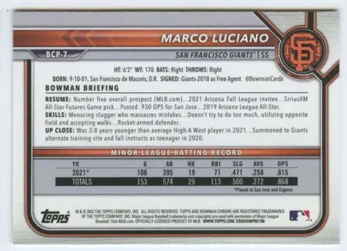 2022 Bowman Chrome Prospects #BCP-7 Marco Luciano NM-MT Giants ID:42872 - Baseball Card Single