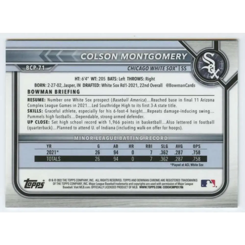 2022 Bowman Chrome Prospects #BCP-71 Colson Montgomery NM-MT Chicago White Sox Baseball Card - Baseball Card Single