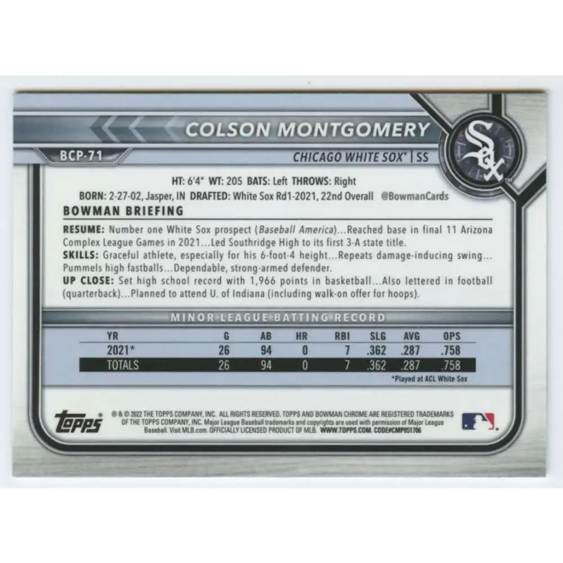 2022 Bowman Chrome Prospects #BCP-71 Colson Montgomery NM-MT Chicago White Sox Baseball Card - Baseball Card Single