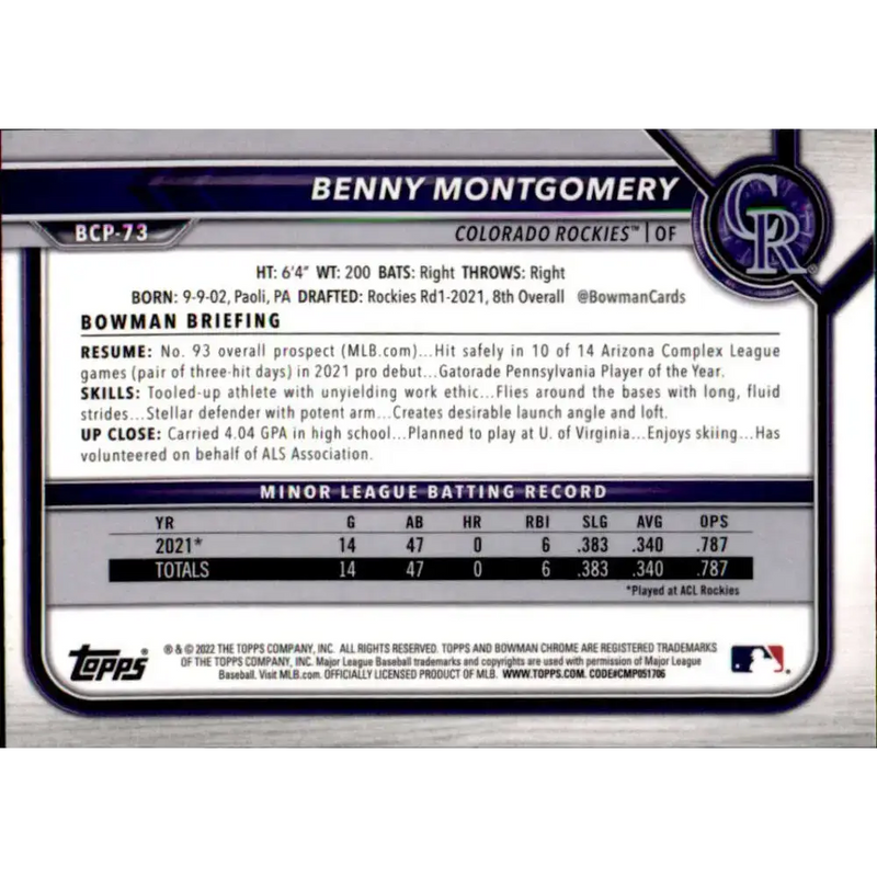 2022 Bowman Chrome Prospects #BCP-73 Benny Montgomery NM-MT Colorado Rockies Baseball Card - Baseball Card Single
