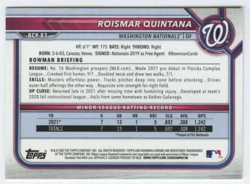 Baseball card back from 2022 Bowman Chrome Prospects Roismar Quintana NM-MT Nationals