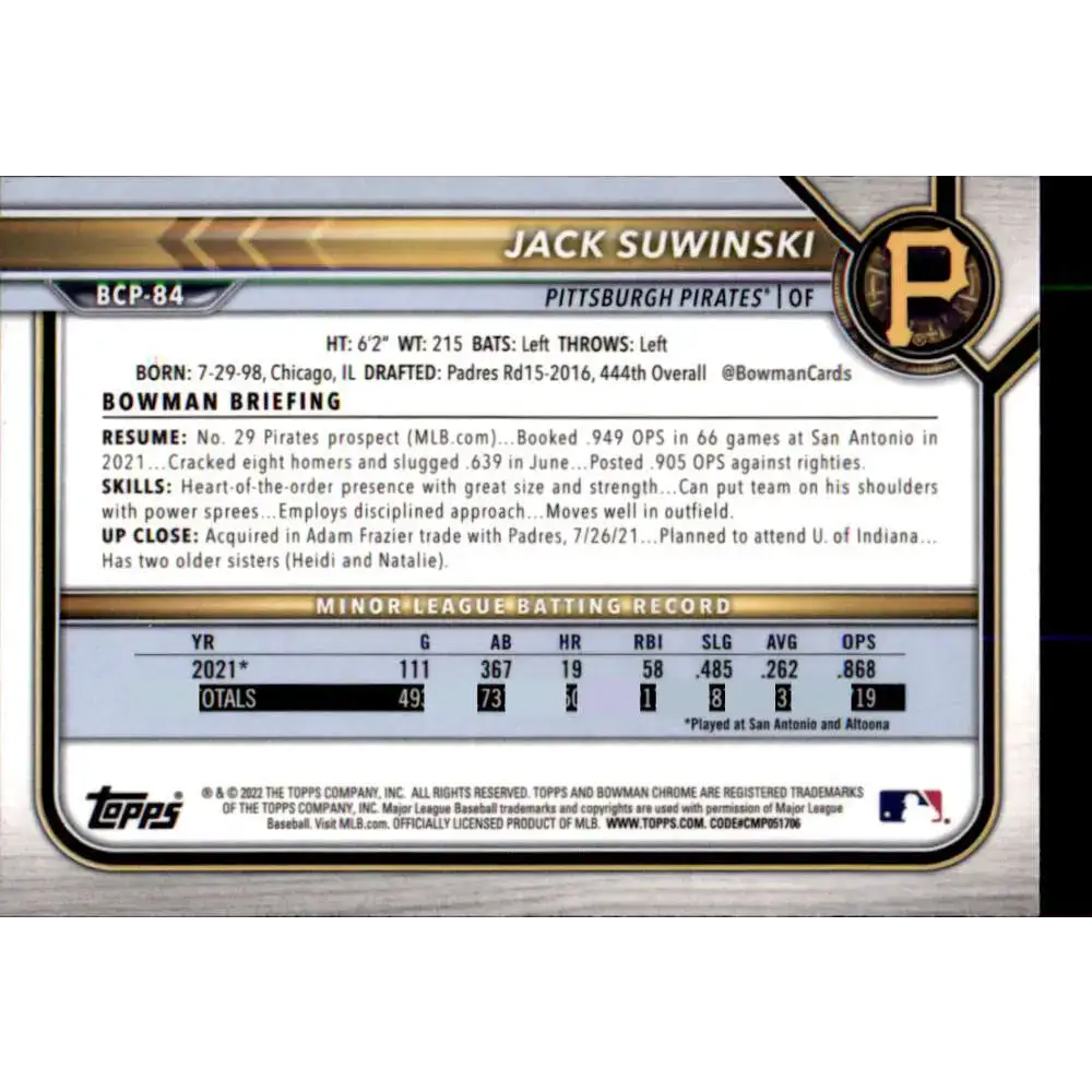 2022 Bowman Chrome Prospects #BCP-84 Jack Suwinski NM-MT Pittsburgh Pirates Baseball Card - Baseball Card Single