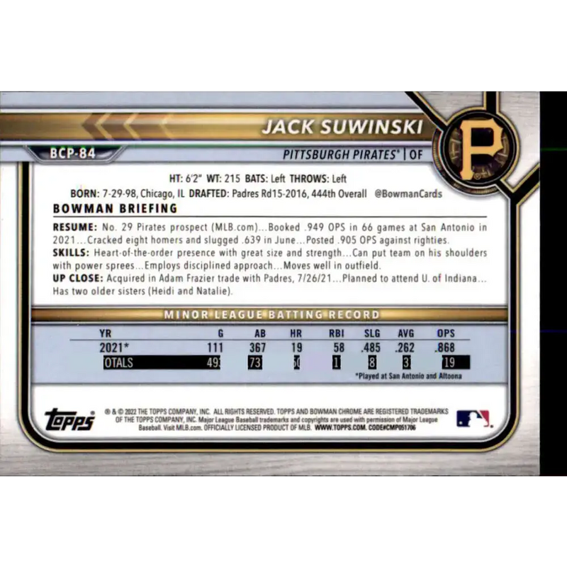 2022 Bowman Chrome Prospects #BCP-84 Jack Suwinski NM-MT Pittsburgh Pirates Baseball Card - Baseball Card Single