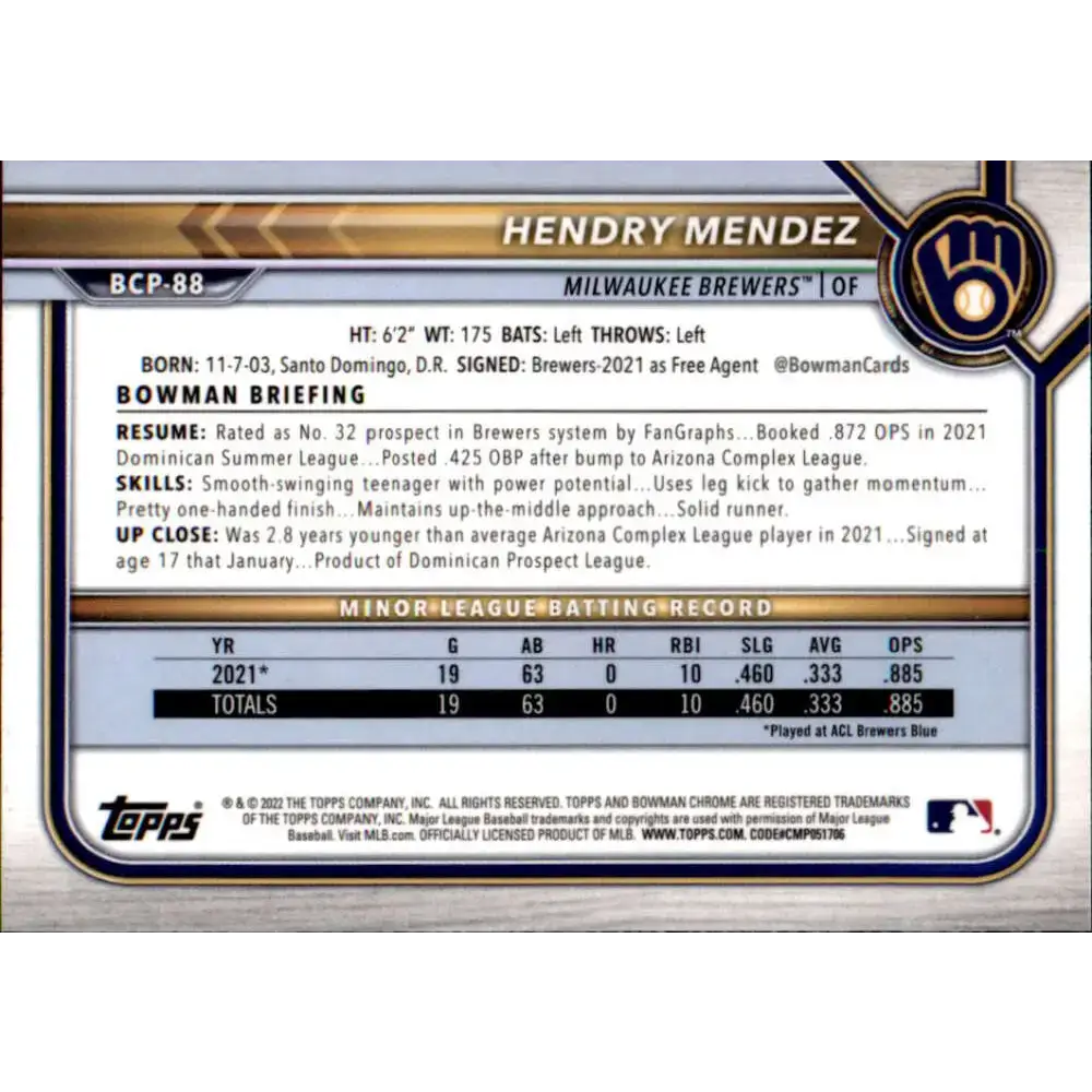 2022 Bowman Chrome Prospects #BCP-88 Hendry Mendez NM-MT Milwaukee Brewers Baseball Card - Baseball Card Single