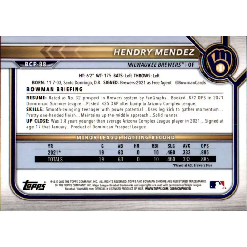 2022 Bowman Chrome Prospects #BCP-88 Hendry Mendez NM-MT Milwaukee Brewers Baseball Card - Baseball Card Single