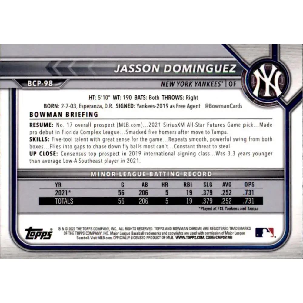 2022 Bowman Chrome Prospects #BCP-98 Jasson Dominguez NM-MT New York Yankees Baseball Card - Baseball Card Single