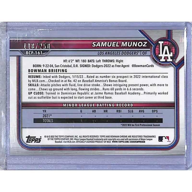 2022 Bowman Chrome Prospects Purple Mojo #BCP-161 Samuel Munoz NM-MT 118/250 Los Angeles Dodgers - Baseball Card Single