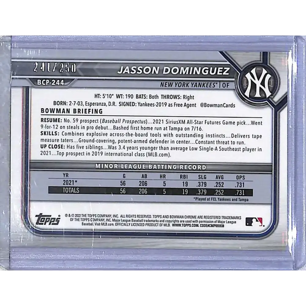 2022 Bowman Chrome Prospects Purple Mojo #BCP-244 Jasson Dominguez NM-MT 241/250 New York Yankees - Baseball Card Single