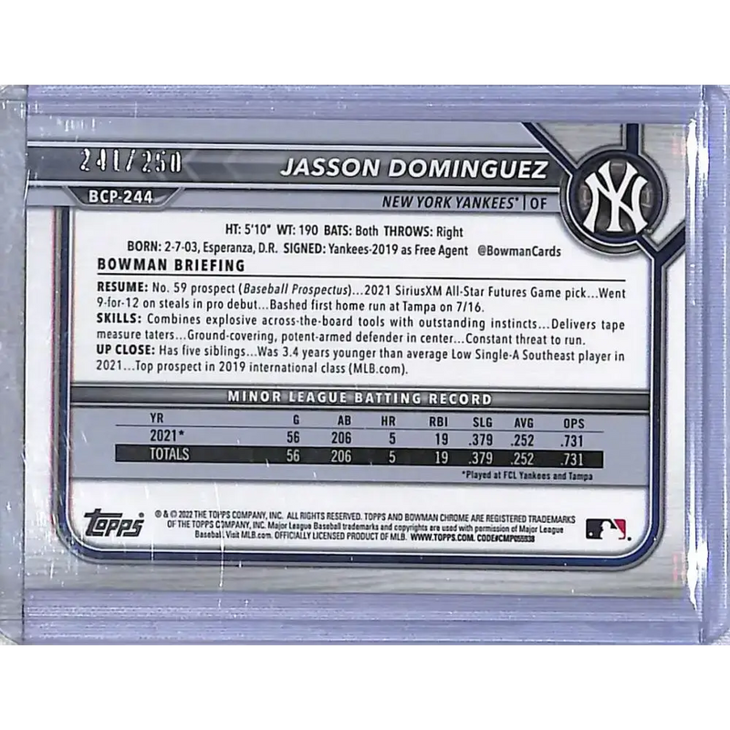 2022 Bowman Chrome Prospects Purple Mojo #BCP-244 Jasson Dominguez NM-MT 241/250 New York Yankees - Baseball Card Single