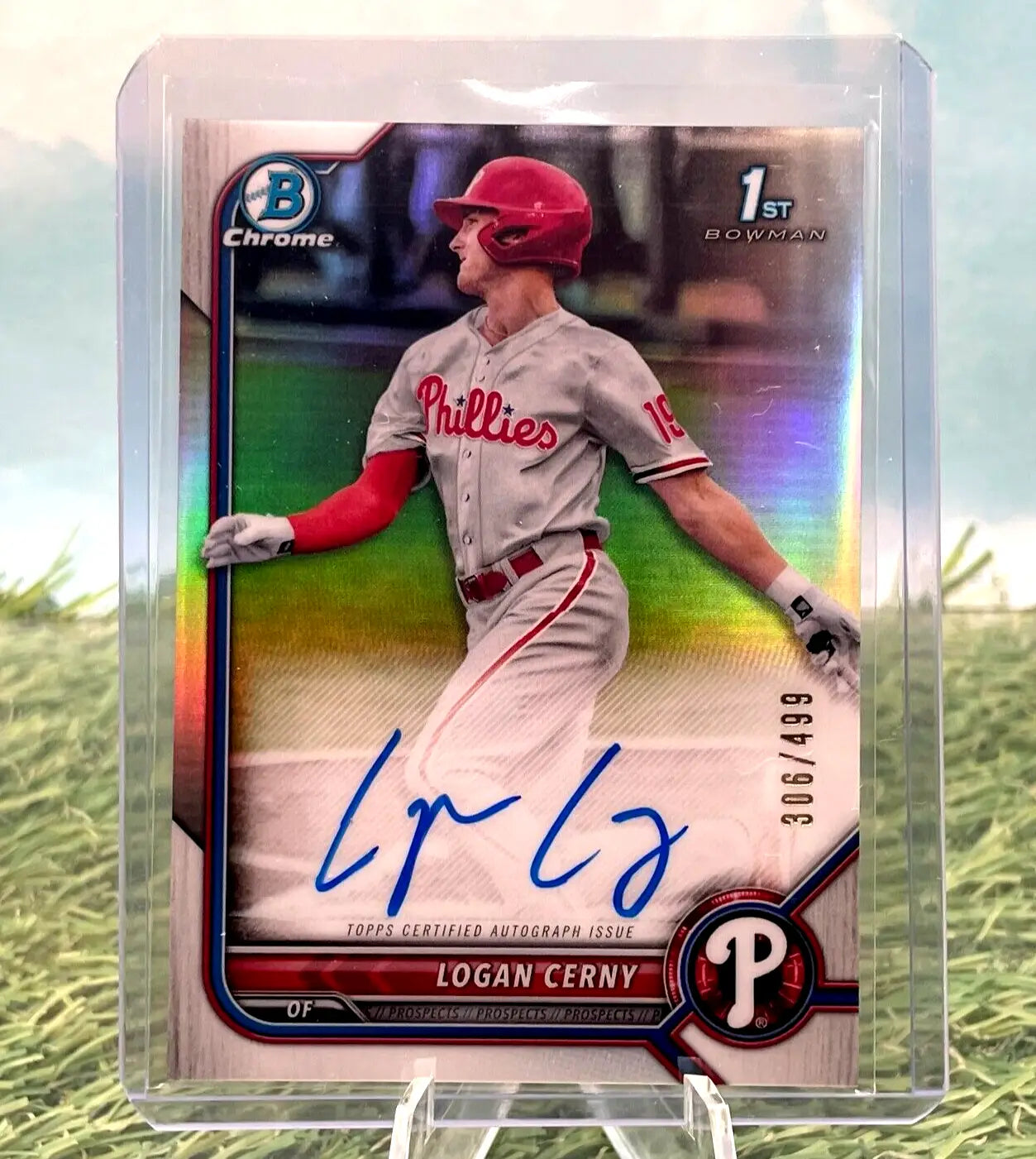 Logan Cerny autographed 2022 Bowman Chrome Refractor baseball card, #CPA-LC, limited edition