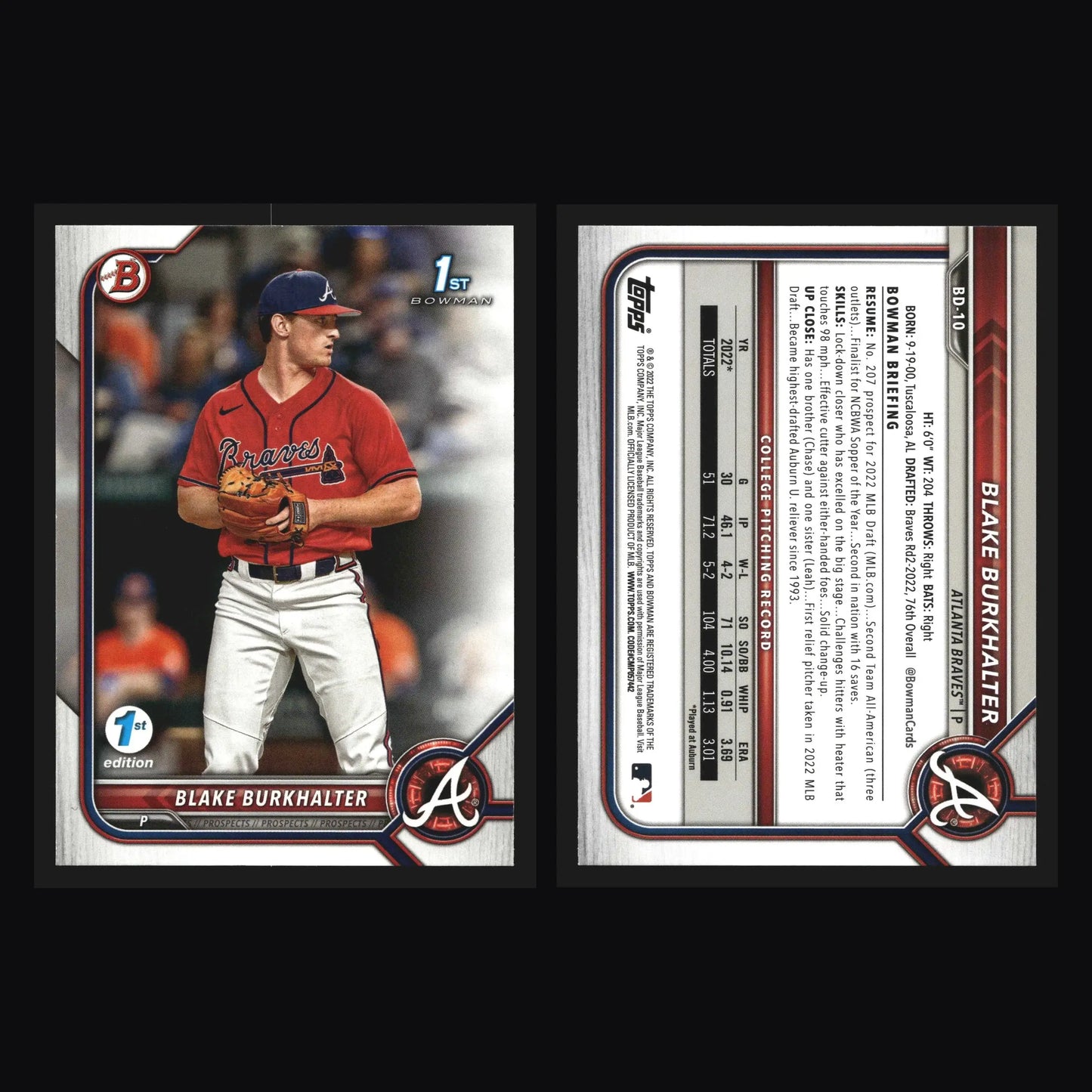 2022 Bowman Draft 1st Edition #BD-10 Blake Burkhalter Braves 1st Bowman