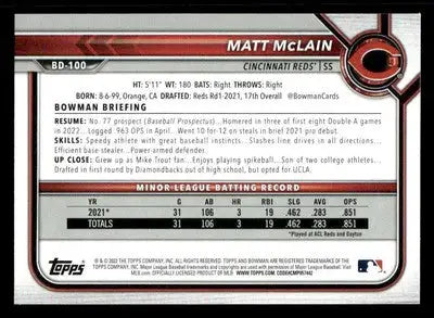 2022 Bowman Draft 1st Edition #BD-100 Matt McLain - Baseball Card Single