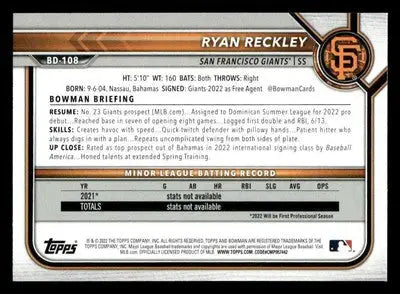 2022 Bowman Draft 1st Edition #BD-108 Ryan Reckley