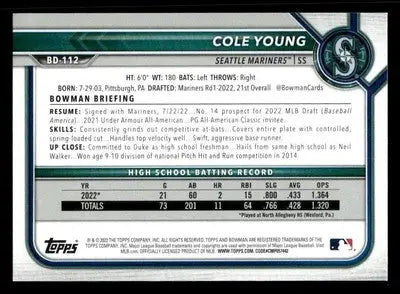 2022 Bowman Draft 1st Edition #BD-112 Cole Young - Baseball Card Single